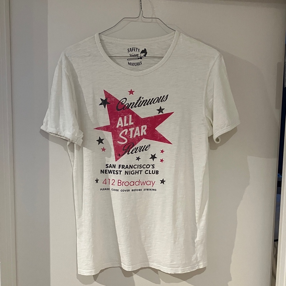 Vintage 55 Cream Mens T-Shirt with Black Graphics. 
Size Large.